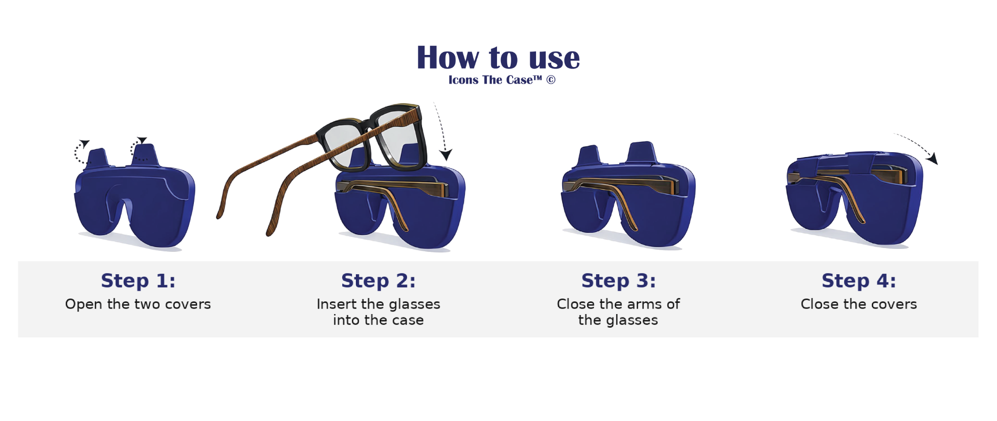How to use Icons The Case. Step 1: Open the two covers. Step 2: Insert the glasses into the case. Step 3: Close the arms of the glasses. Step 4: Close the covers.