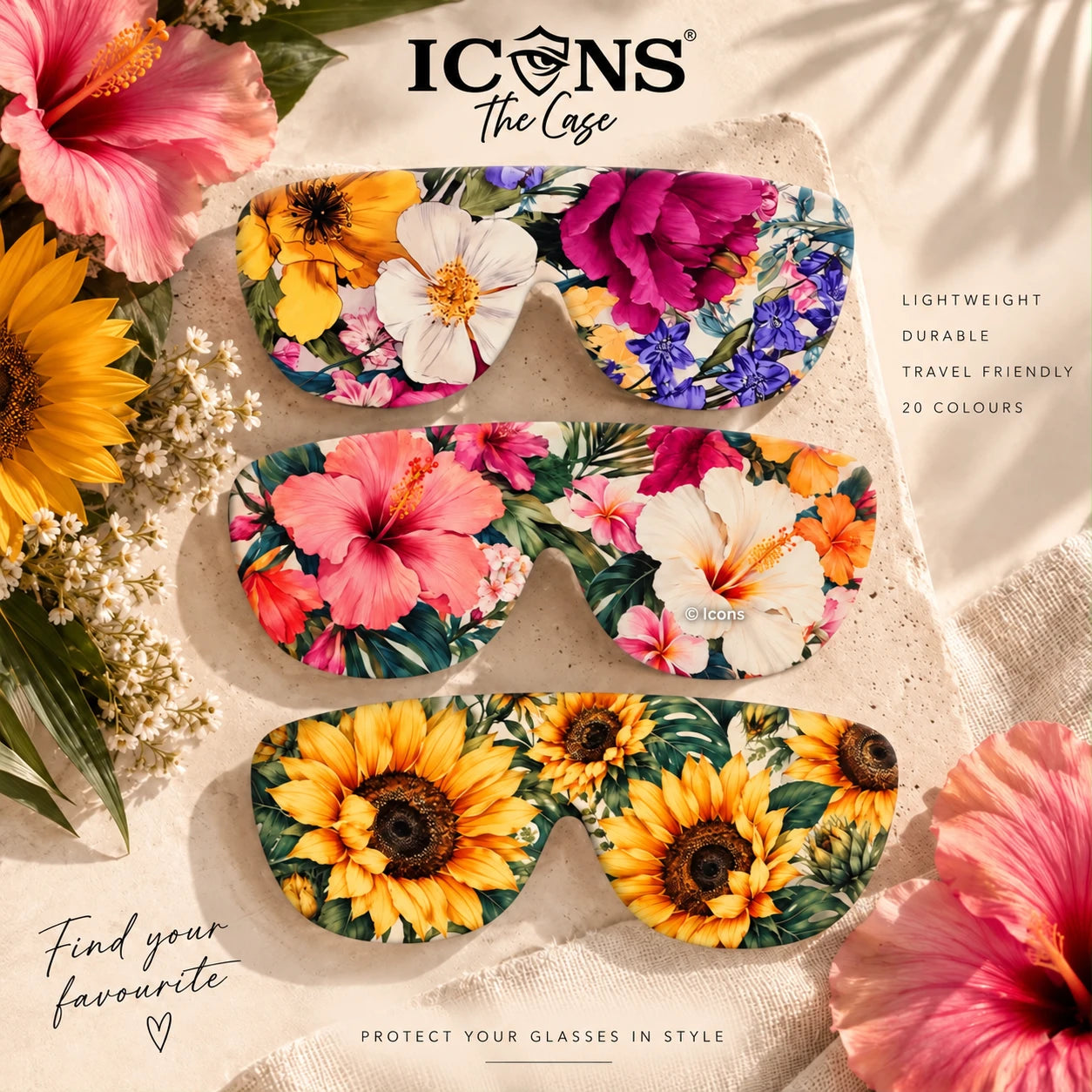 Icons floral printed glasses cases with colourful flower designs