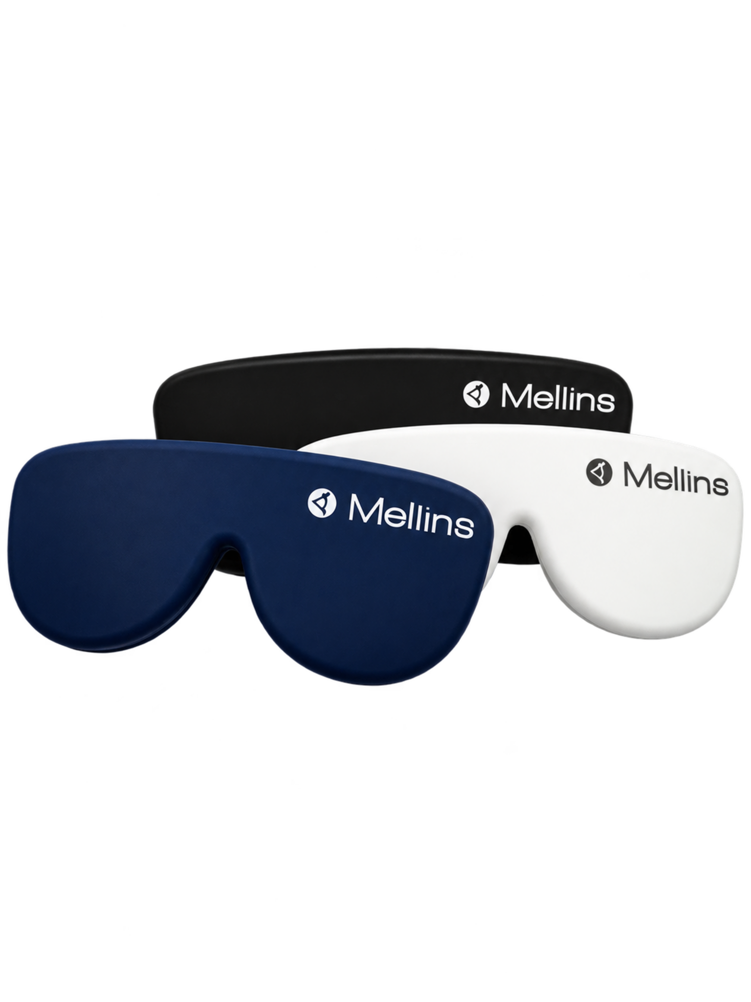 Mellins logo printing on navy, white and black cases